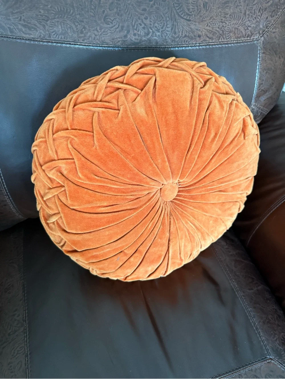 Large round vintage orange toss pillow 20”